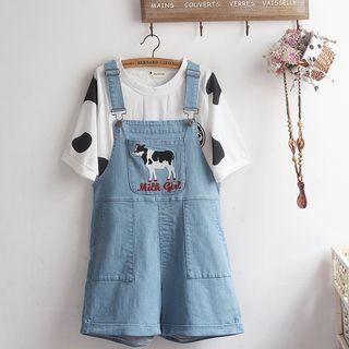 Elbow-sleeve Cow Printed T-shirt / Denim Dungaree Shorts / Set