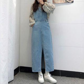 Slit Denim Midi Overall Dress