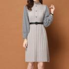 Long-sleeve Houndstooth Panel A-line Knit Dress