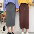 Buttoned Plain Knit Midi Skirt