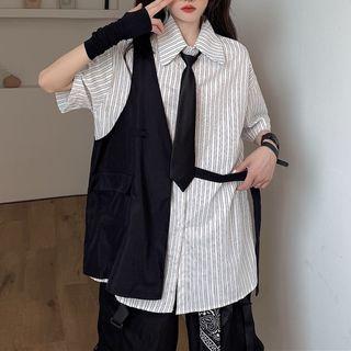 Short-sleeve Striped Shirt / Tie / Asymmetrical Vest / Set