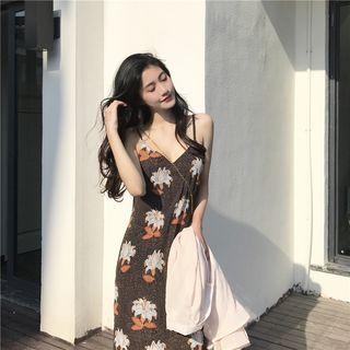 Strappy Floral Print A-line Midi Dress / Light Jacket