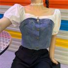 Short-sleeve Denim Panel Blouse / Sheath Dress