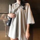 Elbow-sleeve Cross Pattern Mini Polo Shirt Dress