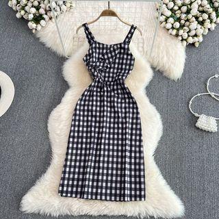 Ruched Plaid Tank Dress