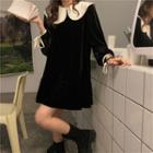 Long-sleeve Two-tone Mini Collared Dress Black - One Size