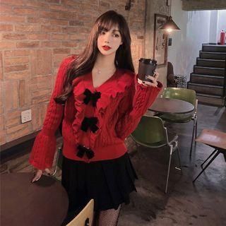 Bell-sleeve Bow Chunky Knit Cardigan