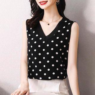 Sleeveless V-neck Dotted Chiffon Top