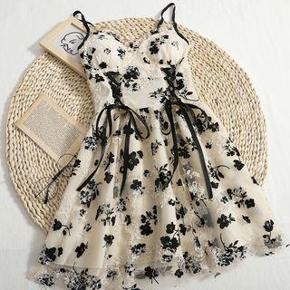 Spaghetti Strap Floral Print Mesh Dress Almond - One Size