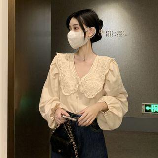 Balloon-sleeve Collar Blouse Almond - One Size