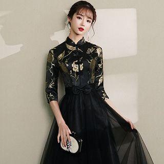 Mandarin Collar Print Panel A-line Prom Dress (various Designs)