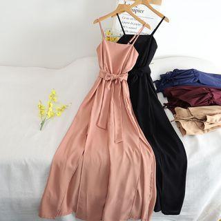 Spaghetti Strap Plain Slit Wide-leg Jumpsuit