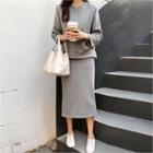 Set: Slit-hem Napped Top + Band-waist Skirt