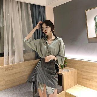 Long-sleeve Shirt / Asymmetric Mini A-line Skirt