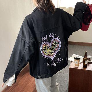 Lettering Heart Print Denim Jacket