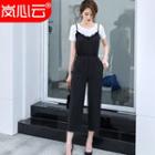 Lace-trim Spaghetti Strap Stripe Cropped Jumpsuit