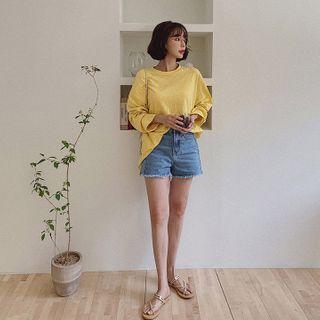 Fringed Seam-trim Denim Shorts