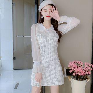 Puff-sleeve Tweed Paneled A-line Dress