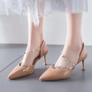 Studded Pointed Kitten-heel Slingback Pumps