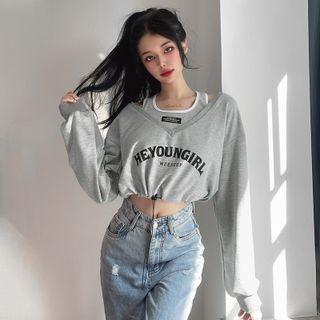 Mock Two-piece Lettering Drawstring Cropped Sweatshirt
