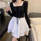 Long-sleeve Square-neck Panel Layered Dress
