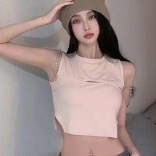 Cutout Shirred Crop Tank Top Almond - One Size