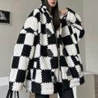 Chessboard Pattern Furry Zip Jacket