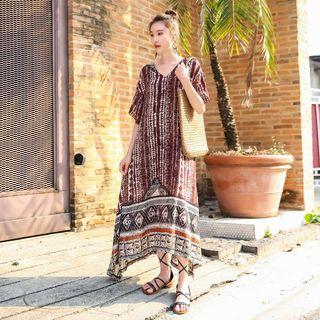Elbow-sleeve Patterned Midi Beach Dress