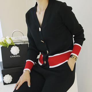 Set: V-neck Contrast-trim Cardigan + Band-waist Knit Pants