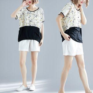 Short-sleeve Floral Paneled T-shirt As Shown In Figure - One Size