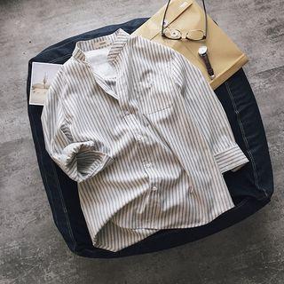 Striped Mandarin Collar 3/4 Sleeve Shirt