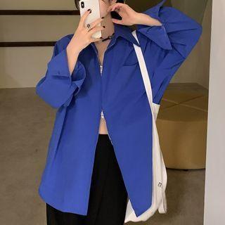 Long-sleeve Plain Zip-up Shirt