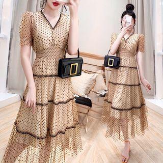 Short-sleeve Dotted Mesh A-line Dress