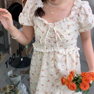 Puff-sleeve Floral Print Drawstring A-line Dress (various Designs)