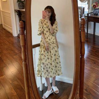 Elbow-sleeve Flower Print Midi Shift Dress Floral - Beige - One Size