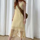 Fringed Hem Pointelle Knit Midi Overall Dress / Plain Mini Tank Dress