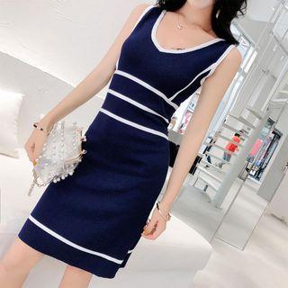 V-neck Sleeveless A-line Knit Dress Dark Blue - One Size