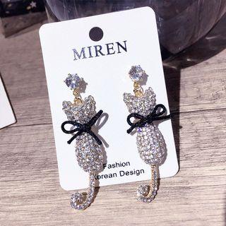 Rhinestone Cat Dangle Earring 1 Pair - Silver Stud - Gold - One Size