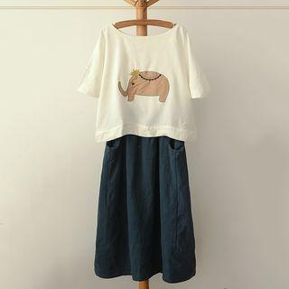Elephant Applique Elbow-sleeve Top
