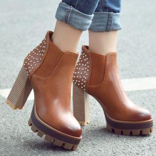 Faux Leather Studded Panel Chunky Heel Platform Chelsea Boots