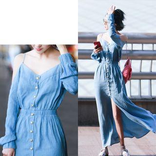Cutout-shoulder Spaghetti-strap Beaded Midi Dress