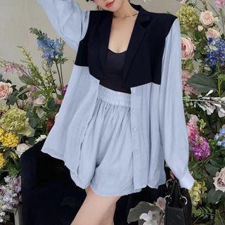 Long-sleeve Panel Blazer / High-waist Plain A-line Shorts