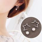 925 Sterling Silver Rhinestone Star Faux Pearl Dangle Earring 1 Pair - Silver Needle - Silver - One Size