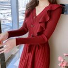 V-neck Ruffled Knit Midi A-line Dress