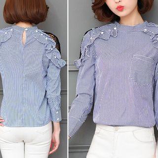 Lace Panel Frilled Pinstripe Long-sleeve Blouse