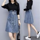 Mock Two-piece Long-sleeve Hooded Denim Panel A-line Dress
