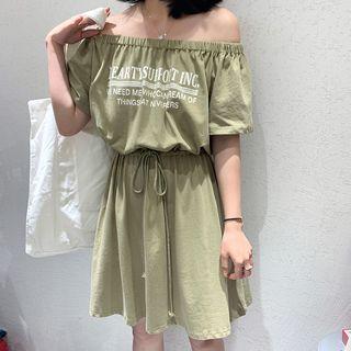 Off-shoulder Lettering Mini A-line Dress Green - One Size