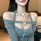 Long-sleeve Off-shoulder Heart Ring Check Top Black - One Size