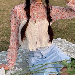 Long-sleeve Floral Mesh Top Pink - One Size
