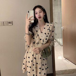 Heart Print Ruffled Short-sleeve A-line Chiffon Dress